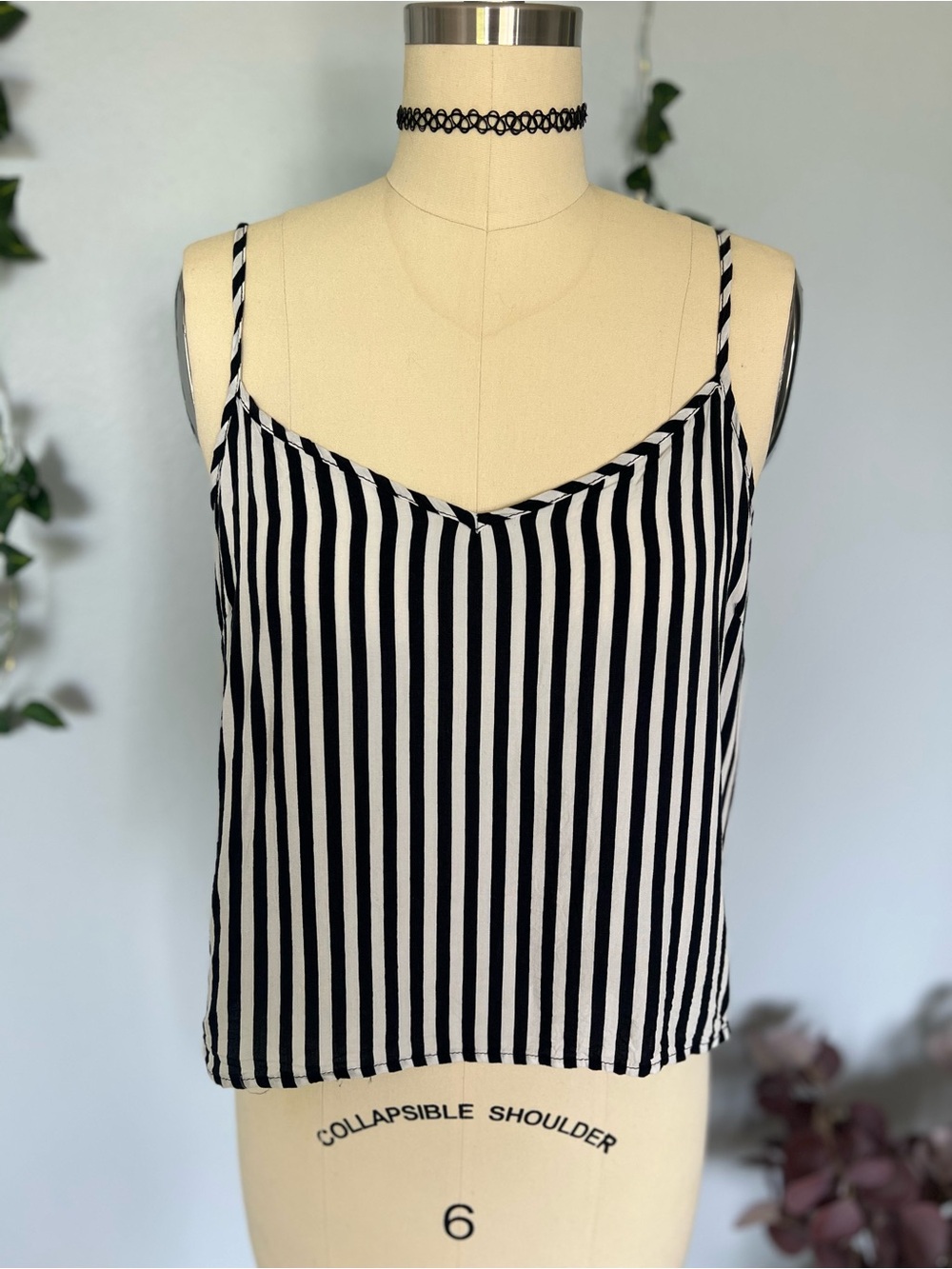 AL YA Black White Vertical Striped Cami Tank Top Medium Beetlejuice Goth